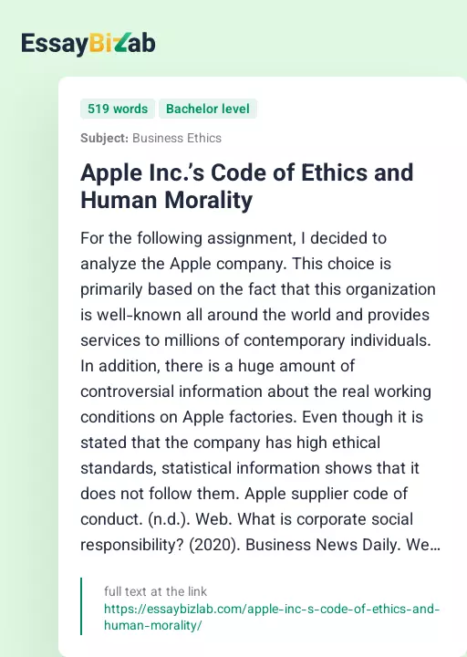Apple Inc.’s Code of Ethics and Human Morality - Essay Preview