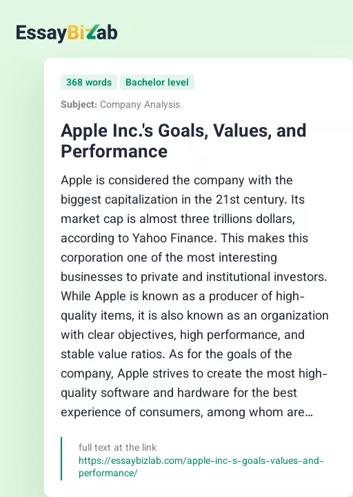 Apple Inc.'s Goals, Values, and Performance - Essay Preview