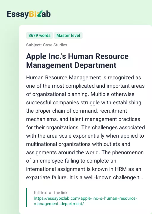 Apple Inc.'s Human Resource Management Department - Essay Preview