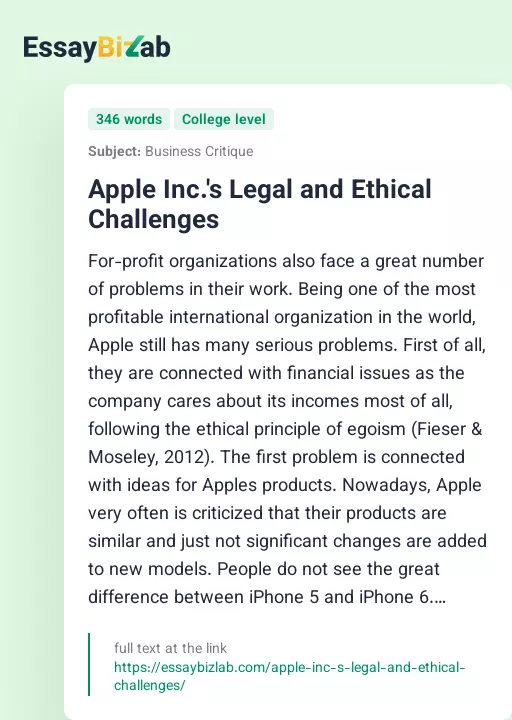 Apple Inc.'s Legal and Ethical Challenges - Essay Preview