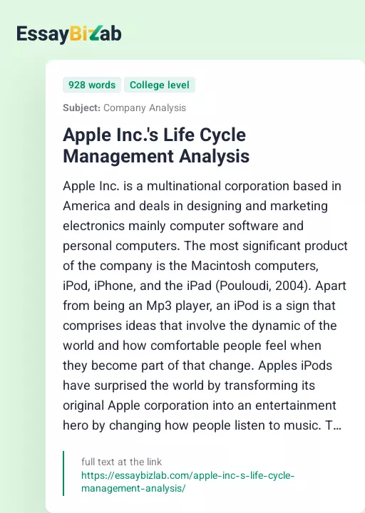 Apple Inc.'s Life Cycle Management Analysis - Essay Preview