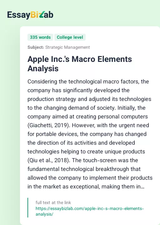 Apple Inc.'s Macro Elements Analysis - Essay Preview