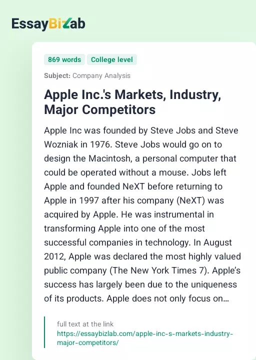 Apple Inc.'s Markets, Industry, Major Competitors - Essay Preview