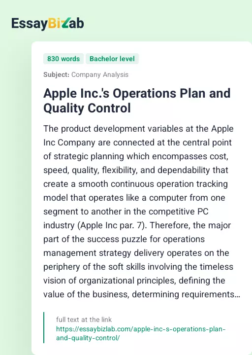 Apple Inc.'s Operations Plan and Quality Control - Essay Preview