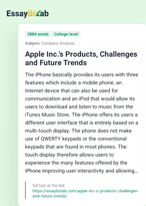 Apple Inc.'s Products, Challenges and Future Trends - Essay Preview