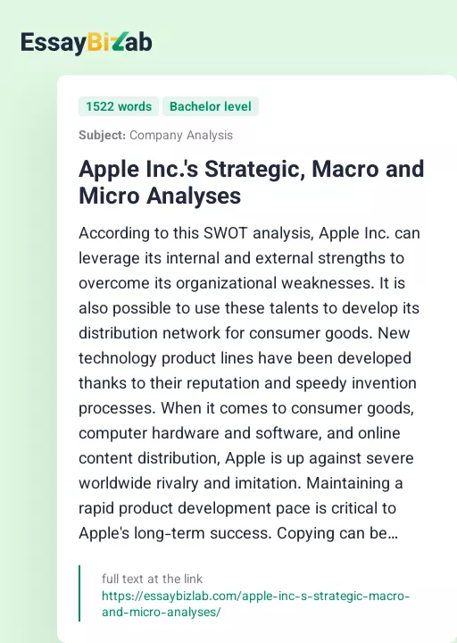 Apple Inc.'s Strategic, Macro and Micro Analyses - Essay Preview