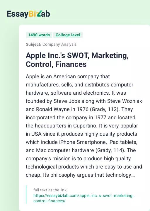 Apple Inc.'s SWOT, Marketing, Control, Finances - Essay Preview