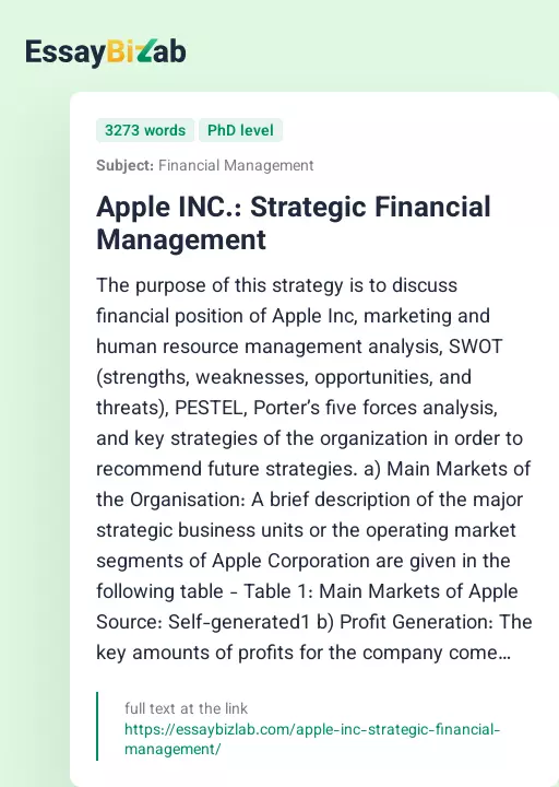 Apple INC.: Strategic Financial Management - Essay Preview