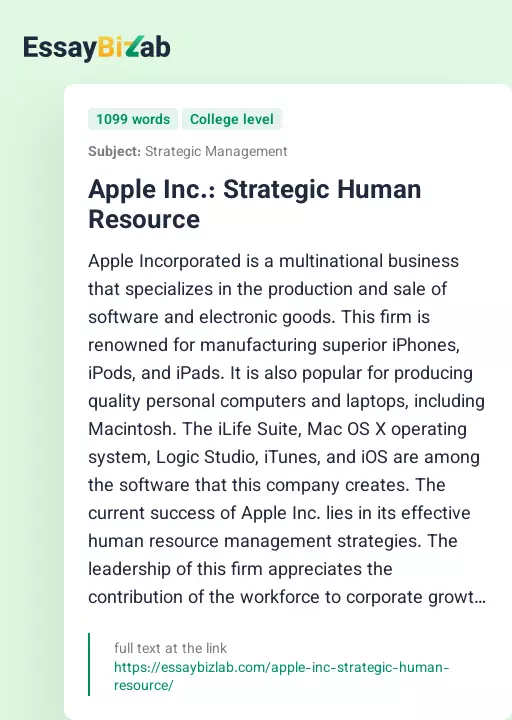 Apple Inc.: Strategic Human Resource - Essay Preview
