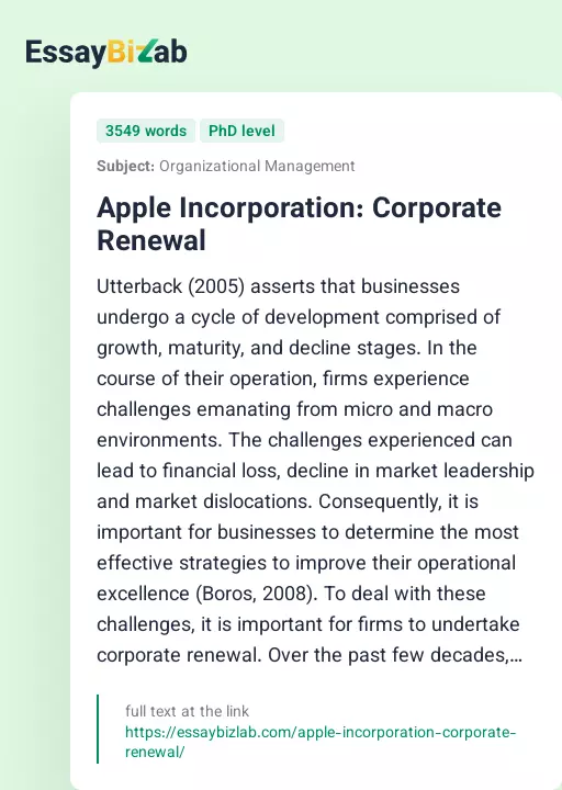 Apple Incorporation: Corporate Renewal - Essay Preview