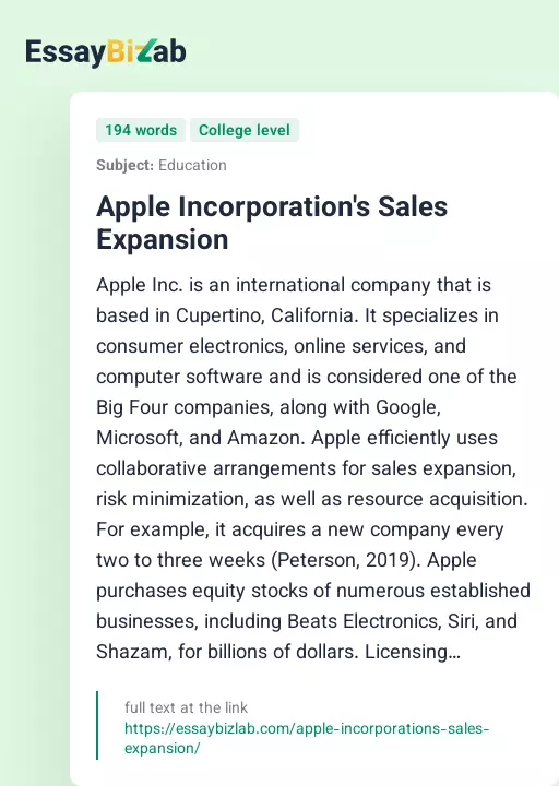 Apple Incorporation's Sales Expansion - Essay Preview