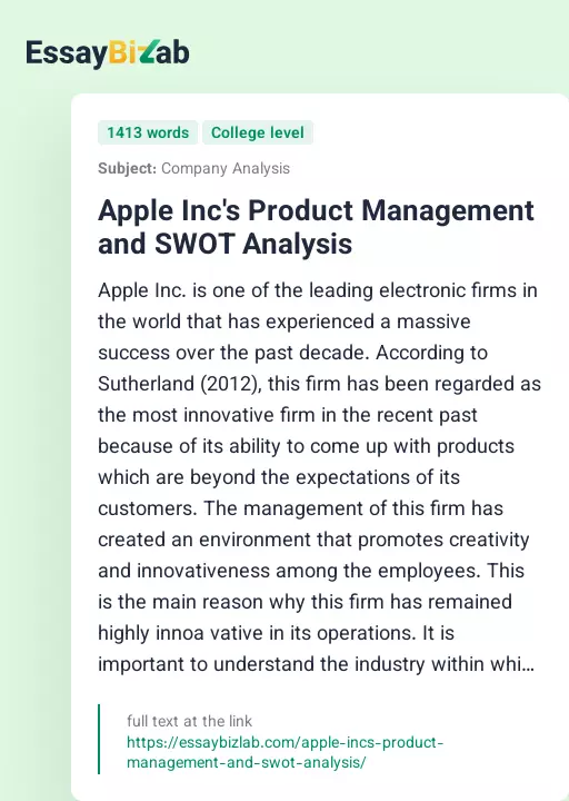 Apple Inc's Product Management and SWOT Analysis - Essay Preview
