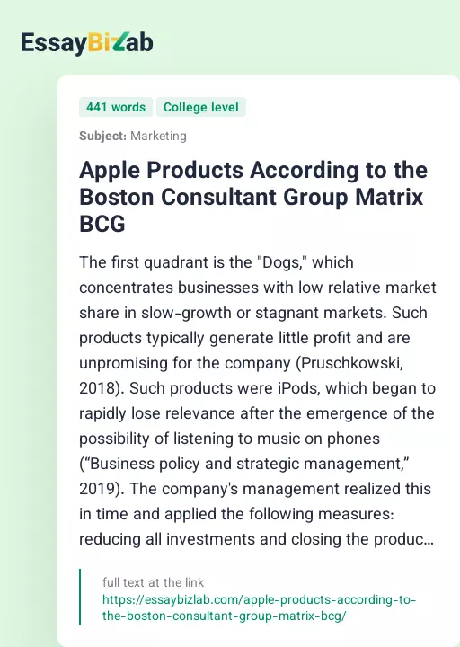 Apple Products According to the Boston Consultant Group Matrix BCG - Essay Preview