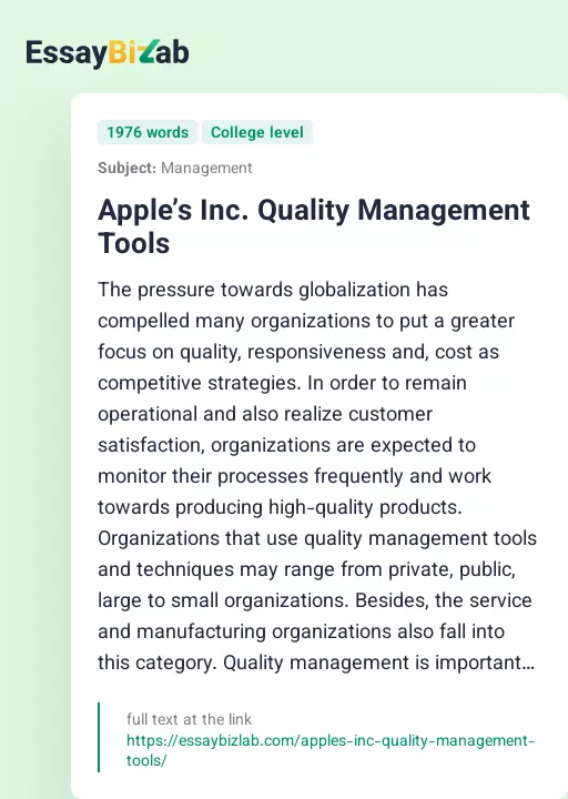 Apple’s Inc. Quality Management Tools - Essay Preview