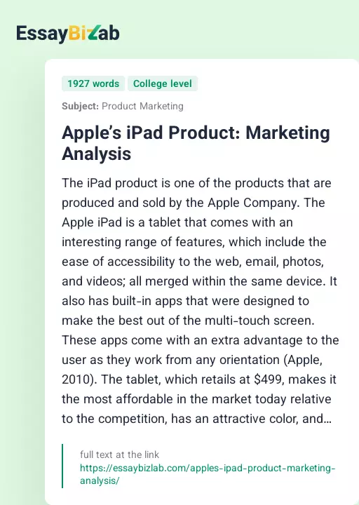 Apple’s iPad Product: Marketing Analysis - Essay Preview