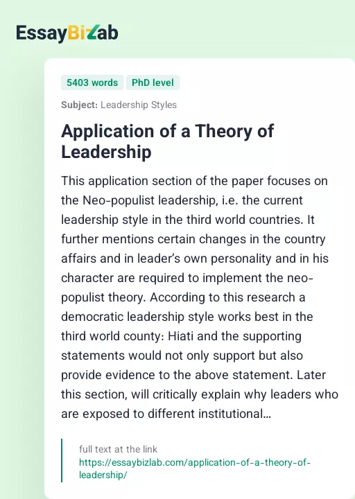 Application of a Theory of Leadership - Essay Preview