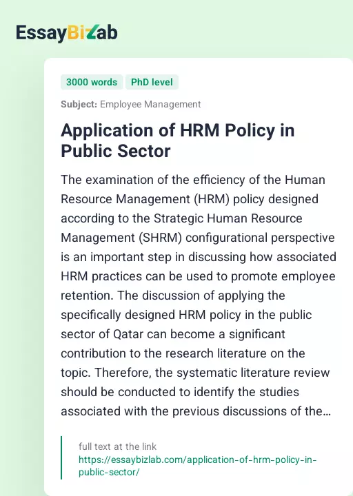 Application of HRM Policy in Public Sector - Essay Preview