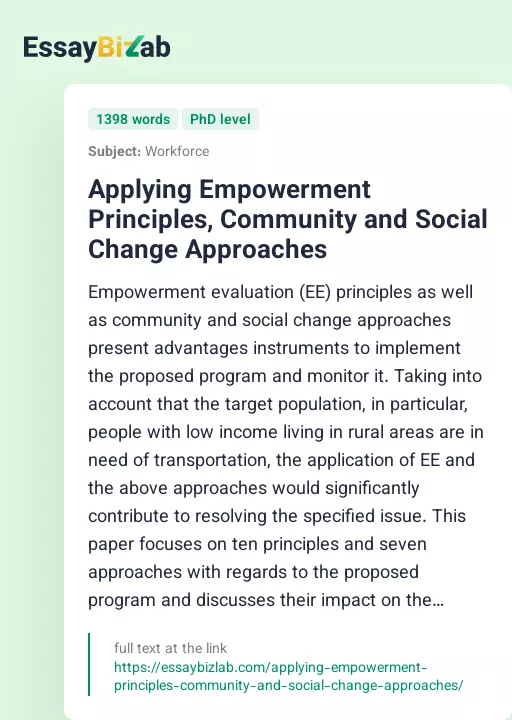 Applying Empowerment Principles, Community and Social Change Approaches - Essay Preview