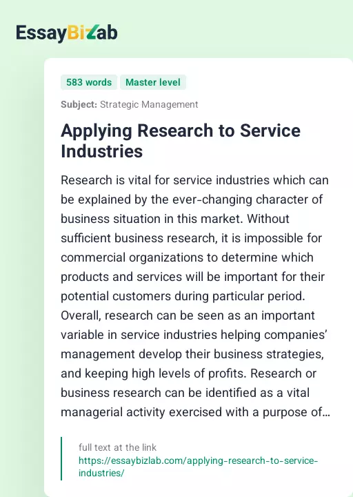 Applying Research to Service Industries - Essay Preview