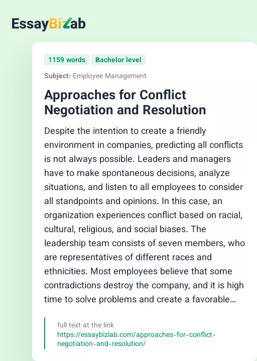 Approaches for Conflict Negotiation and Resolution - Essay Preview