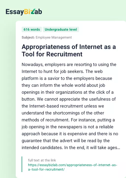 Appropriateness of Internet as a Tool for Recruitment - Essay Preview