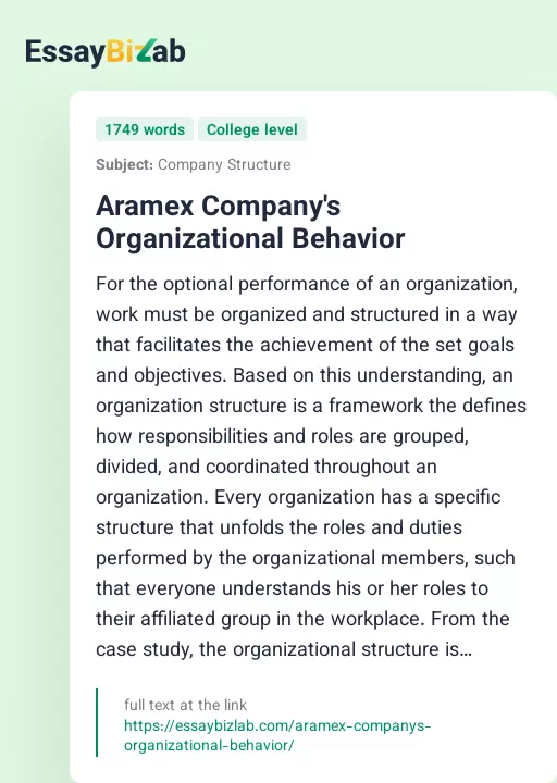 Aramex Company's Organizational Behavior - Essay Preview