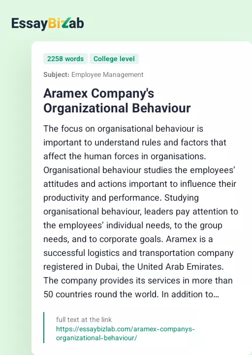 Aramex Company's Organizational Behaviour - Essay Preview