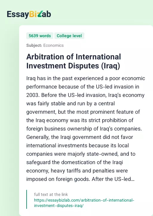 Arbitration of International Investment Disputes (Iraq) - Essay Preview