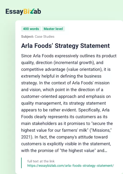 Arla Foods’ Strategy Statement - Essay Preview