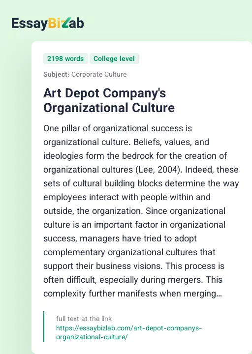 Art Depot Company's Organizational Culture - Essay Preview