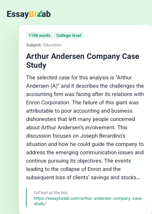Arthur Andersen Company Case Study - Essay Preview