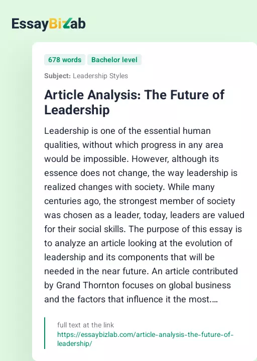 Article Analysis: The Future of Leadership - Essay Preview