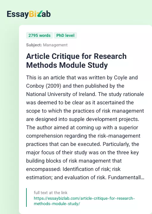Article Critique for Research Methods Module Study - Essay Preview