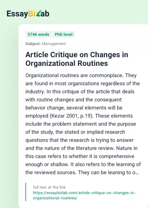 Article Critique on Changes in Organizational Routines - Essay Preview