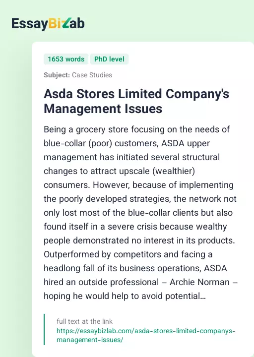 Asda Stores Limited Company's Management Issues - Essay Preview