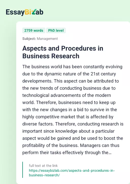 Aspects and Procedures in Business Research - Essay Preview