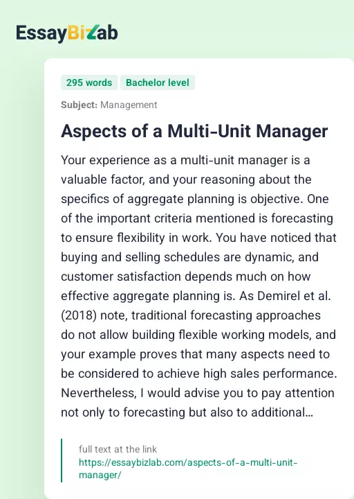 Aspects of a Multi-Unit Manager - Essay Preview