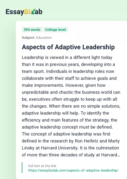 Aspects of Adaptive Leadership - Essay Preview