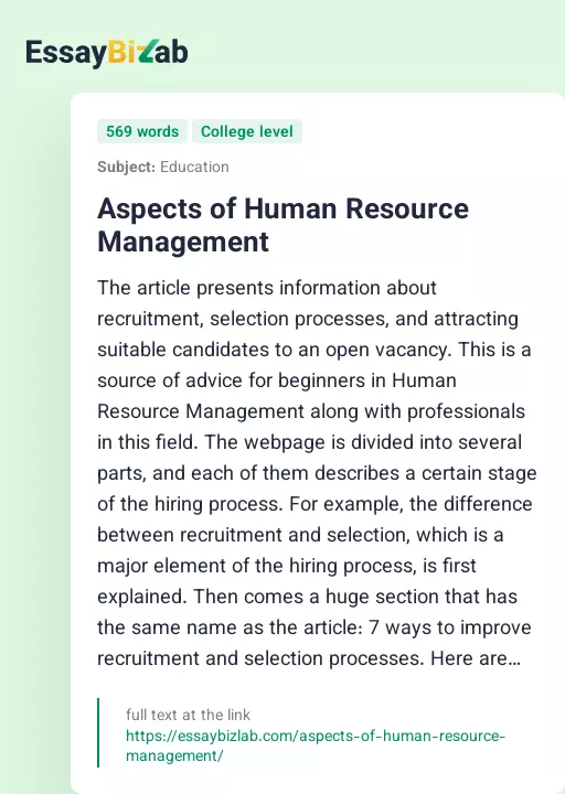 Aspects of Human Resource Management - Essay Preview