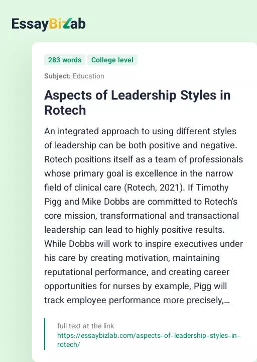 Aspects of Leadership Styles in Rotech - Essay Preview