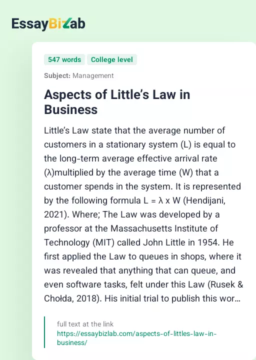 Aspects of Little’s Law in Business - Essay Preview
