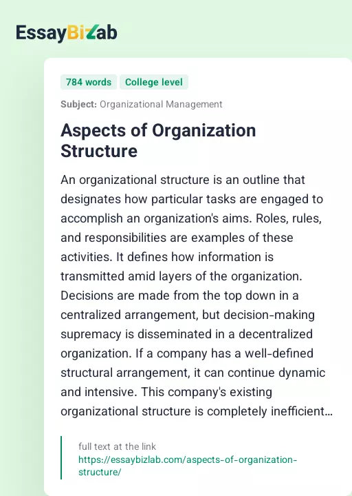 Aspects of Organization Structure - Essay Preview