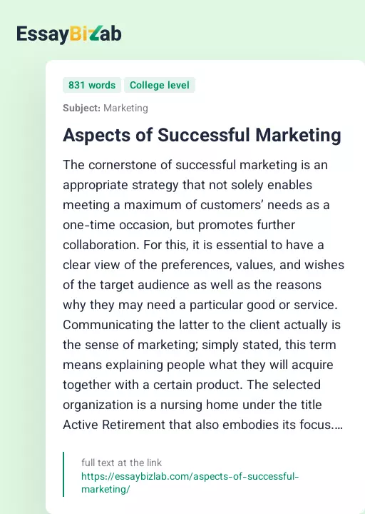 Aspects of Successful Marketing - Essay Preview