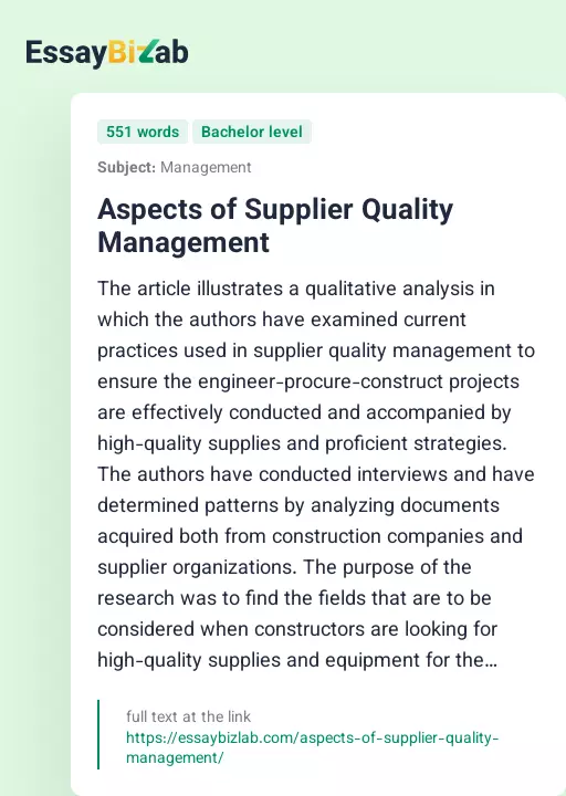 Aspects of Supplier Quality Management - Essay Preview