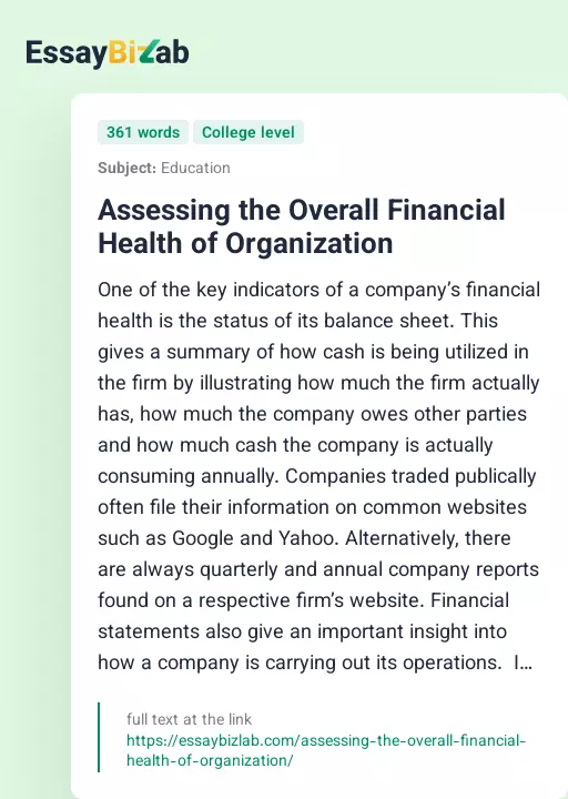 Assessing the Overall Financial Health of Organization - Essay Preview