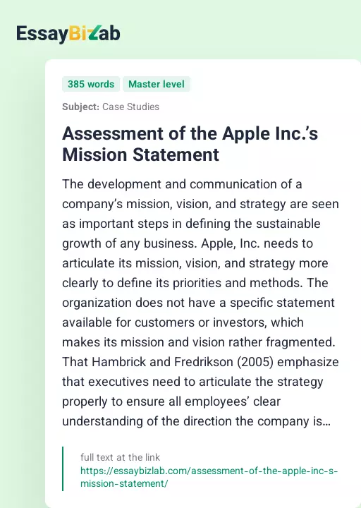 Assessment of the Apple Inc.’s Mission Statement - Essay Preview