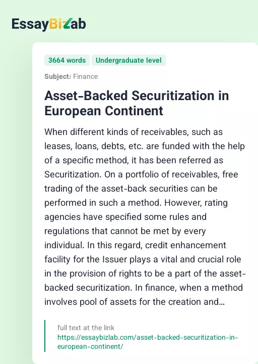 Asset-Backed Securitization in European Continent - Essay Preview