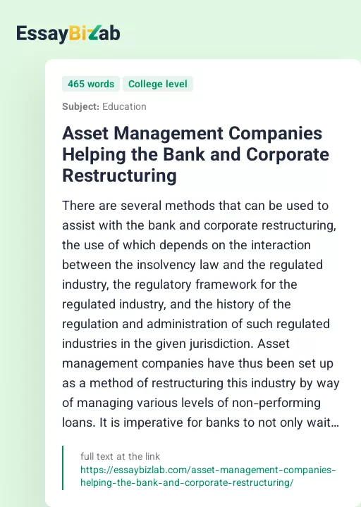 Asset Management Companies Helping the Bank and Corporate Restructuring - Essay Preview