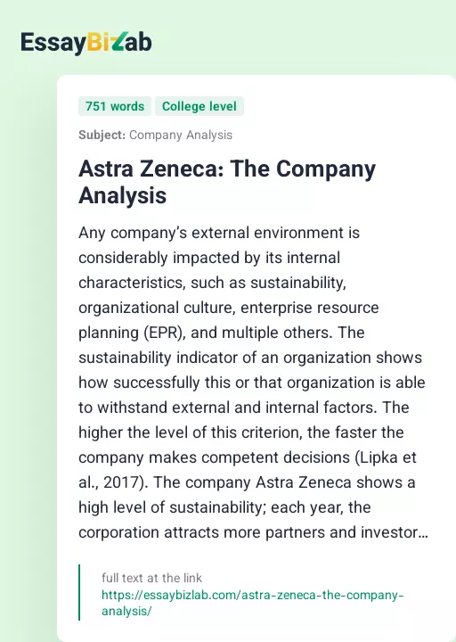 Astra Zeneca: The Company Analysis - Essay Preview