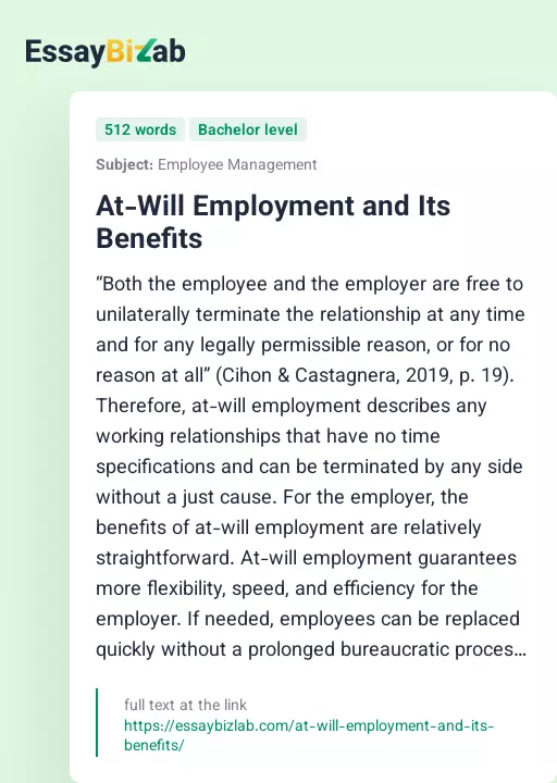 At-Will Employment and Its Benefits - Essay Preview